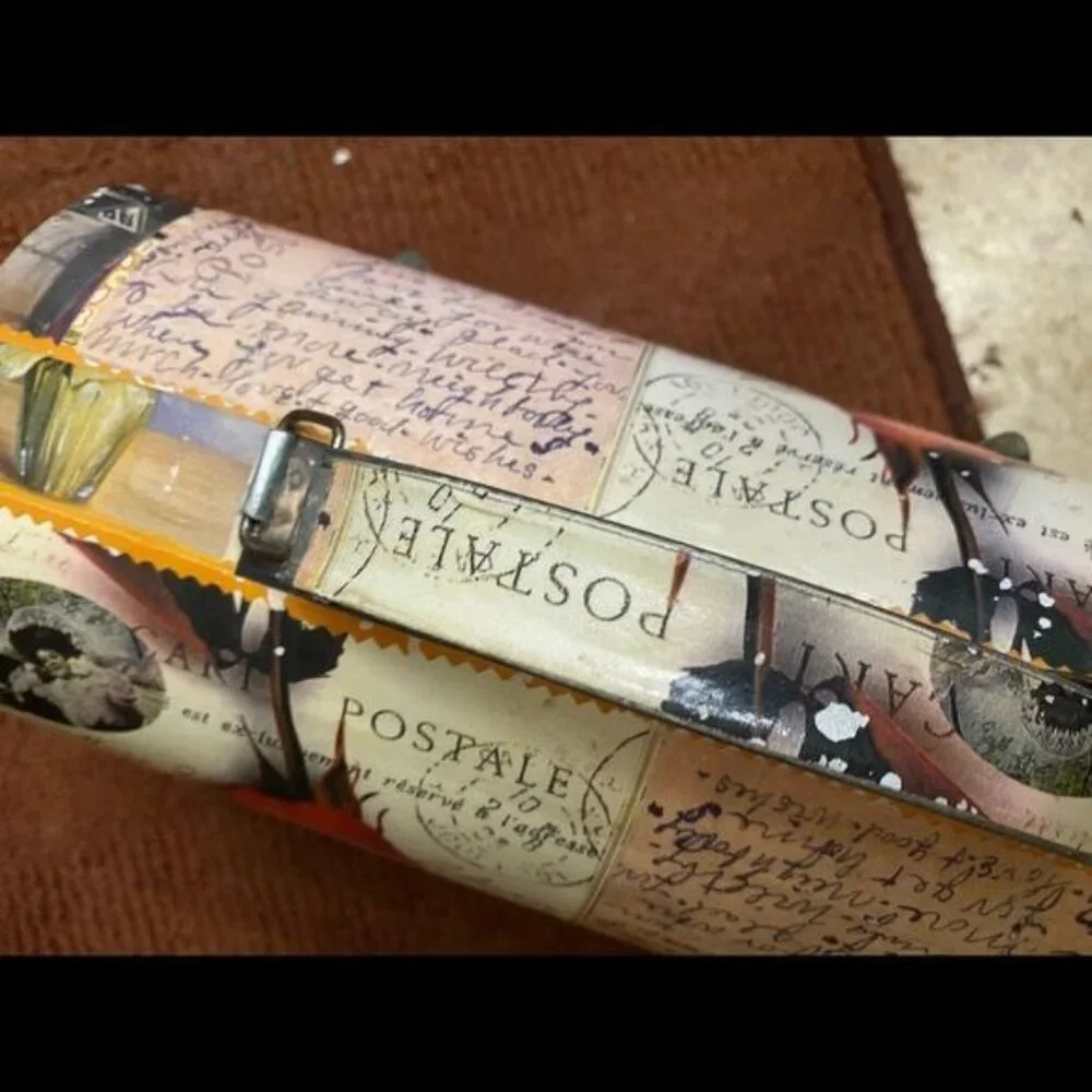 Decorative Postage Vintage-Style Collage Domed‎ Storage Box Handle & Latch